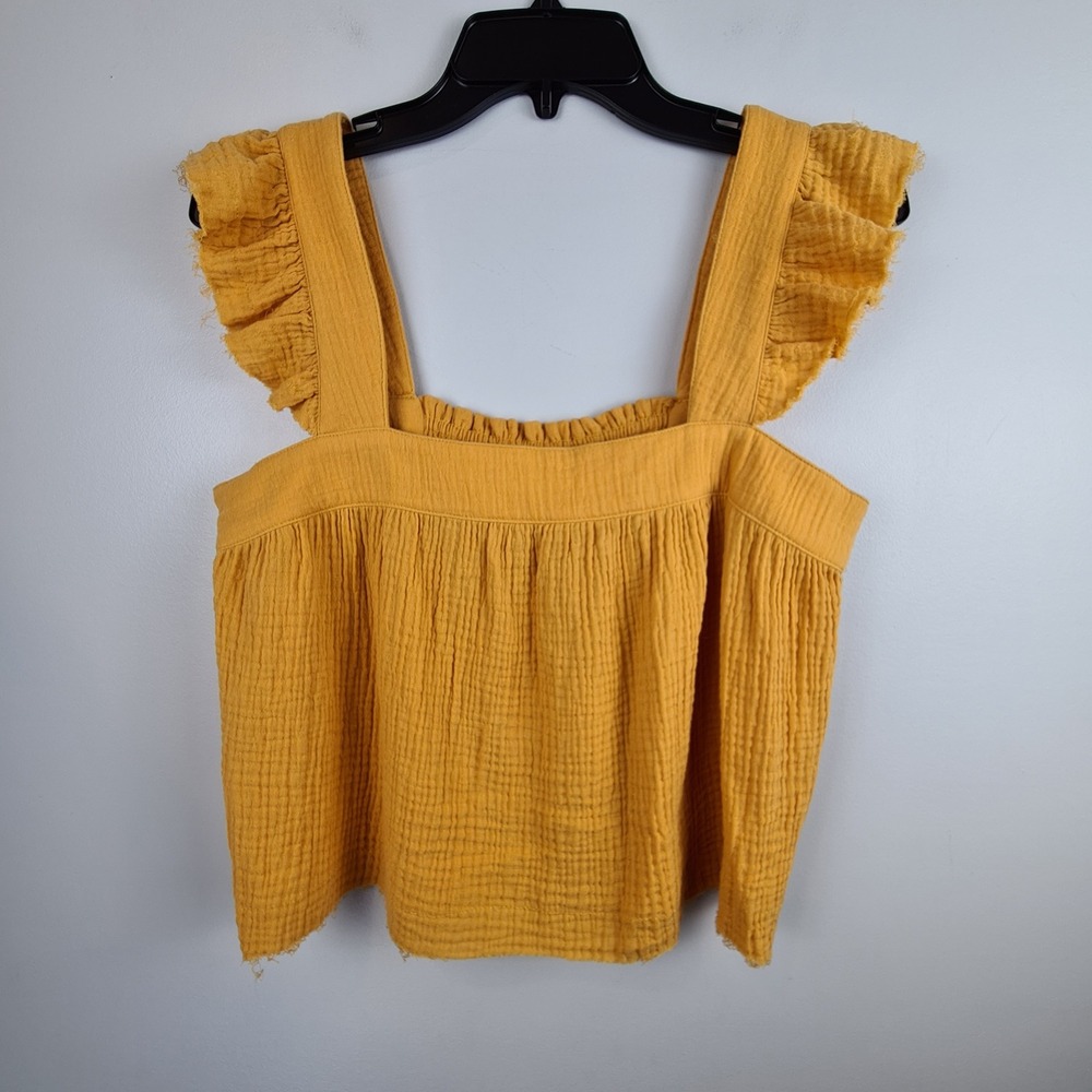 Newin Mustard Yellow Gauze Cotton Ruffle Smocked Square Neck Top M Seersucker